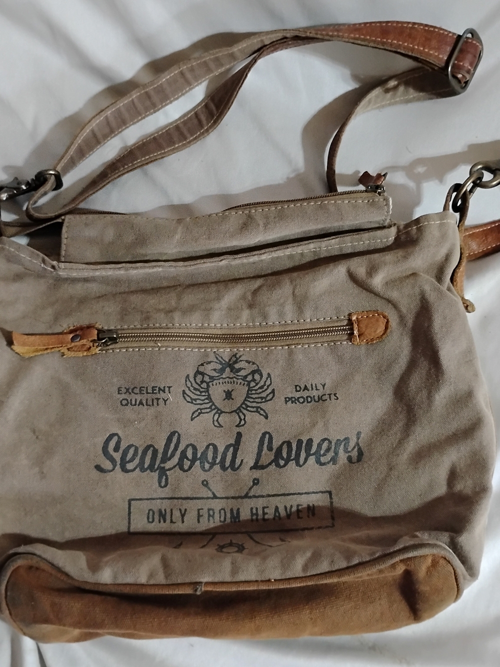 Myra Bag Seafood Lovers Canvas Crossbody Bag - Beige with Brown Trim